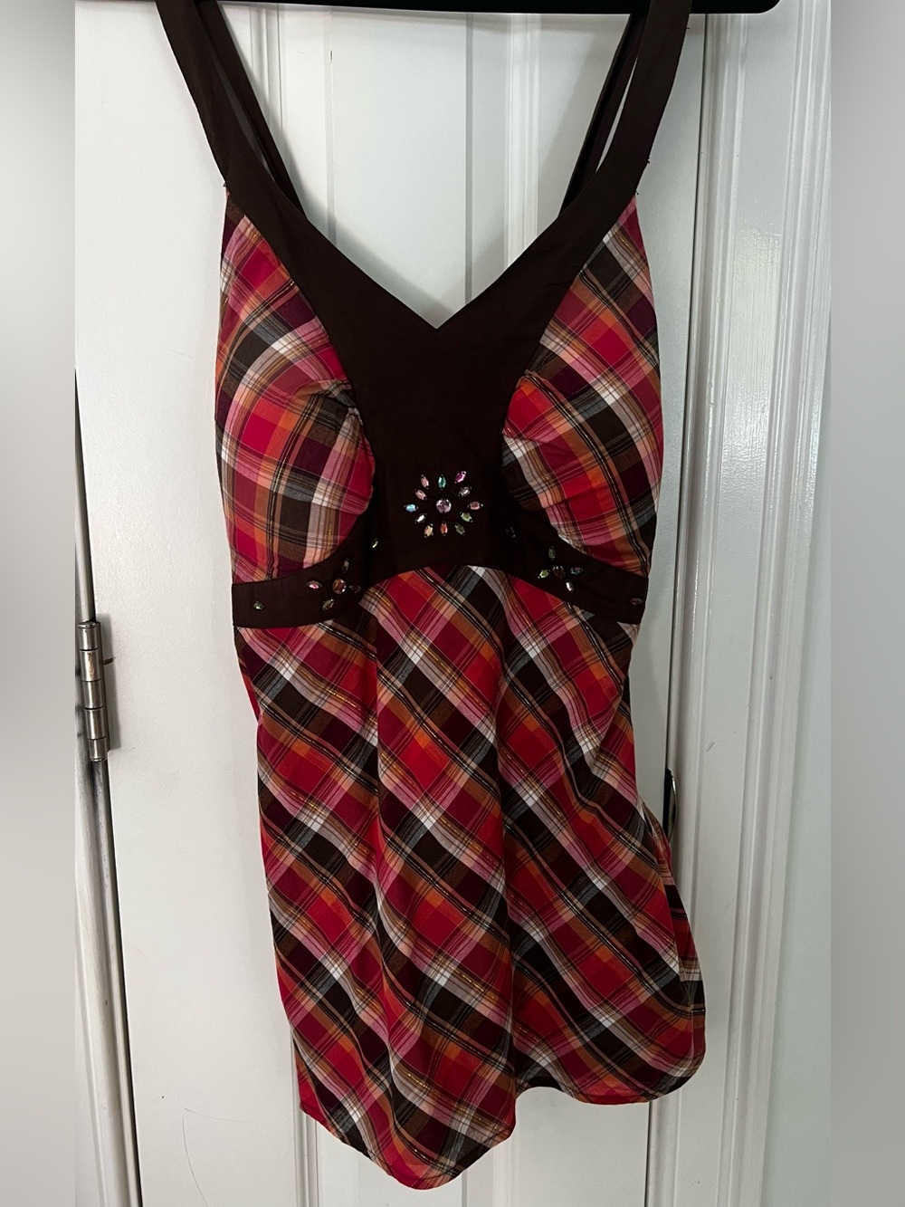 NWT Y2K Plaid Rhinestone Embellished Cami Top Red Brown Orange Large